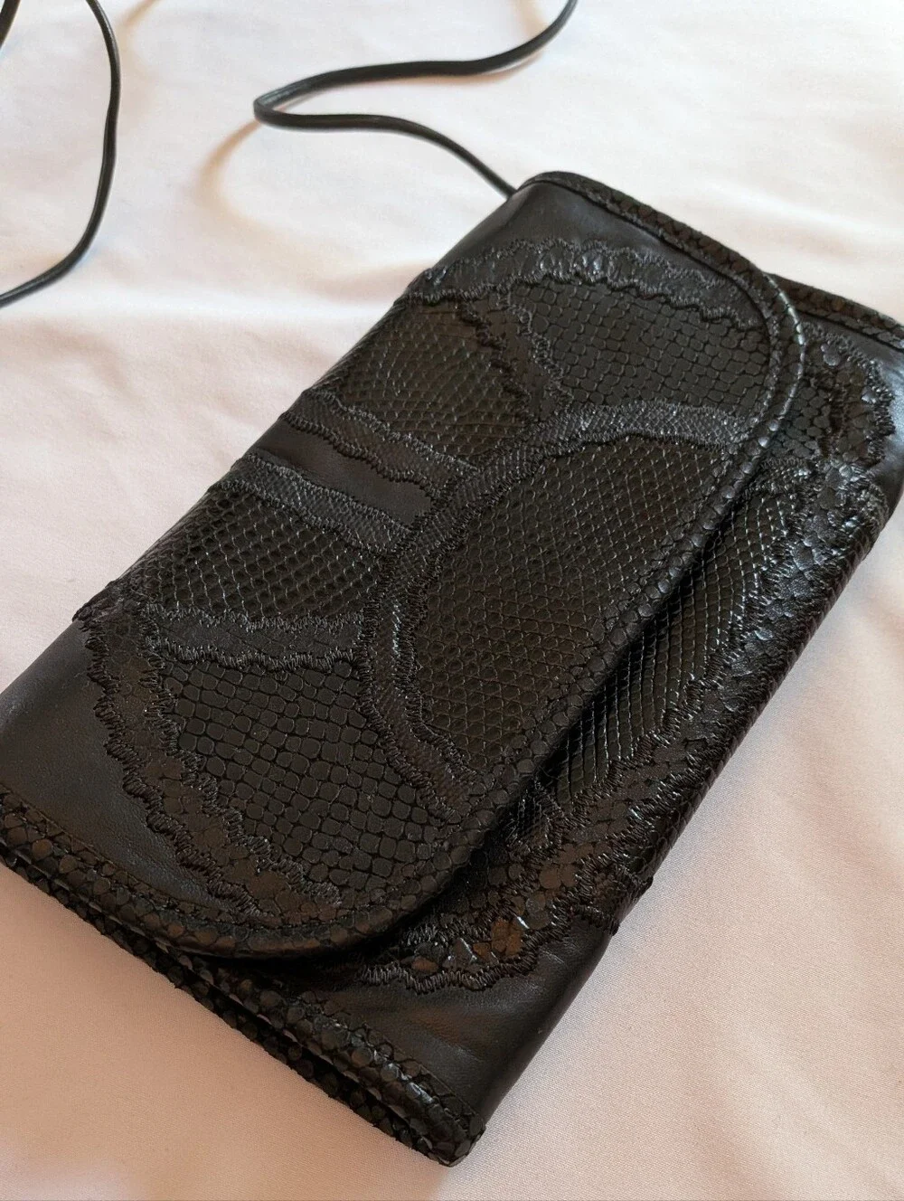Vintage Carlos Falchi Black Lace-Accent Crossbody Clutch - Women's Bag